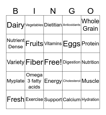 Nutrition Bingo Card