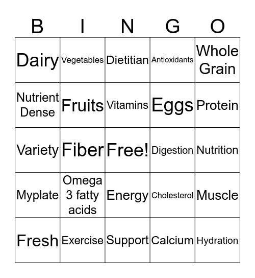 Nutrition Bingo Card