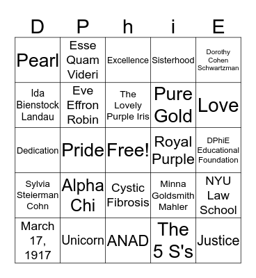 Delta Phi Epsilon Bingo Card