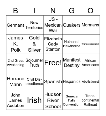 Unit 5 - Manifest Destiny Bingo Card