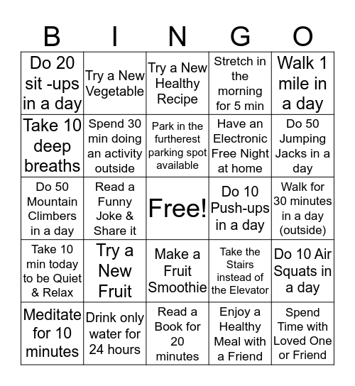 HEALTHY BINGO CHALLENGE Bingo Card