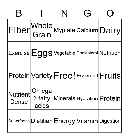 Nutrition Bingo Card