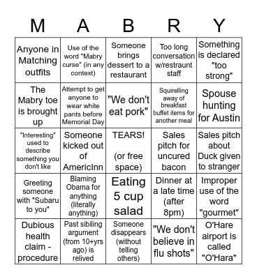 Mabry Bingo: March 2018 Bingo Card