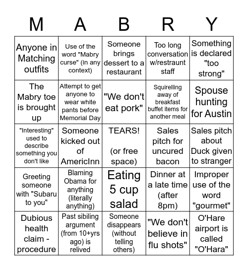 Mabry Bingo: March 2018 Bingo Card