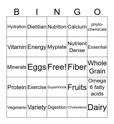 Nutrition Bingo Card