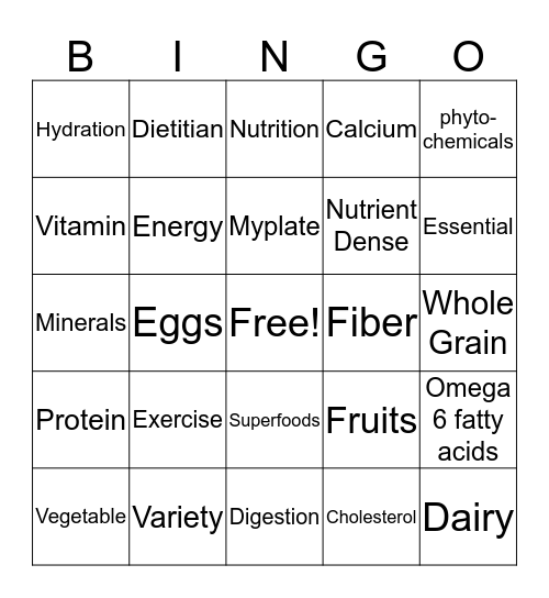 Nutrition Bingo Card