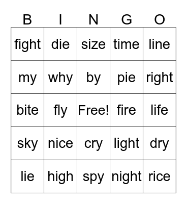 Long I Vowel Sound Bingo Card