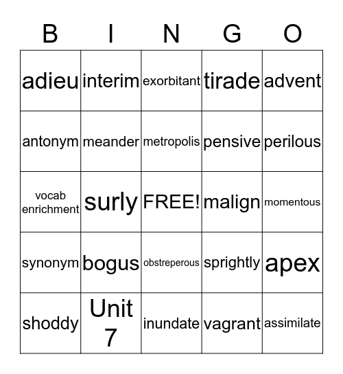 Unit 7  Bingo Card