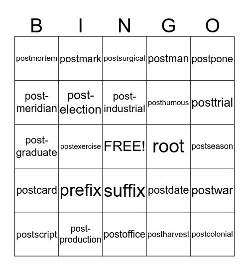 "post" words Bingo Card