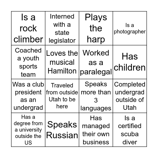 BYU Law Admitted Students Day 2018 Bingo Card