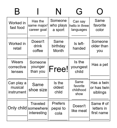 Ice Breaker Bingo Card