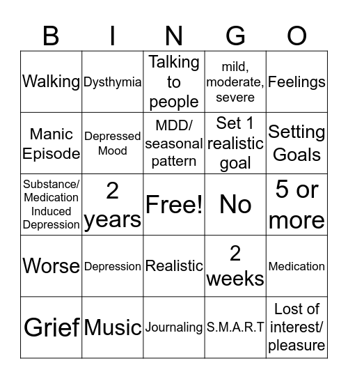 Depression Management BINGO Card