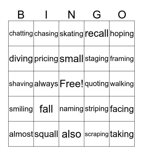 Double consonant/drop silent e  Add ING Bingo Card