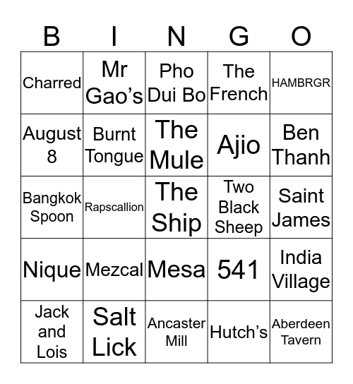 Favorite Restaurants in Hamilton Bingo Card