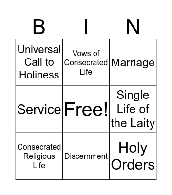 Vocations Bingo Card