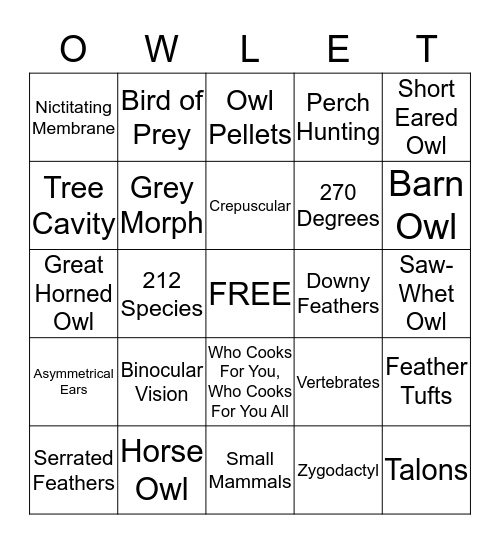 OWLET Bingo Card