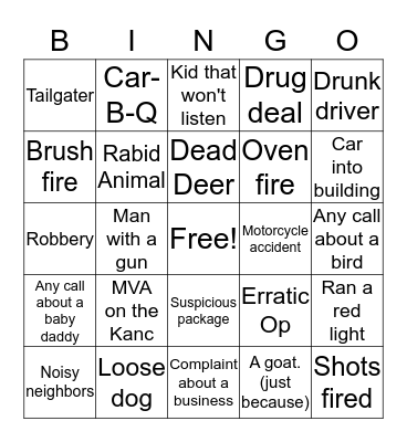 Police/Fire calls Bingo Card