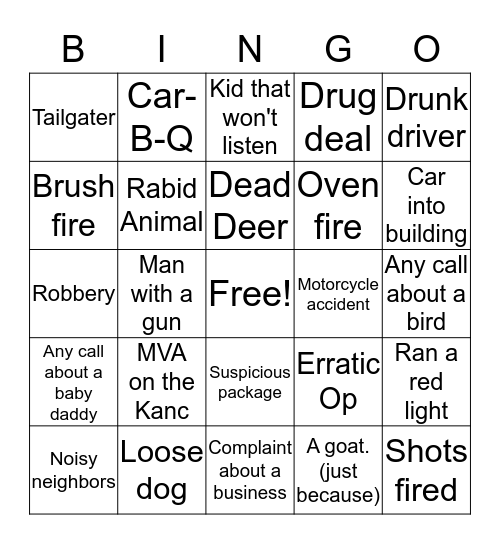 Police/Fire calls Bingo Card