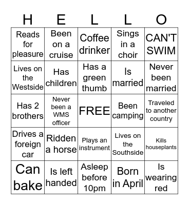 Getting To Know You Bingo Card