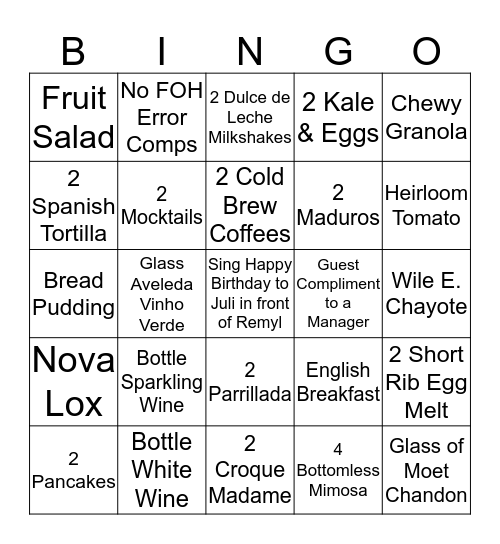 B&G ULTRA BRUNCH BINGO Card