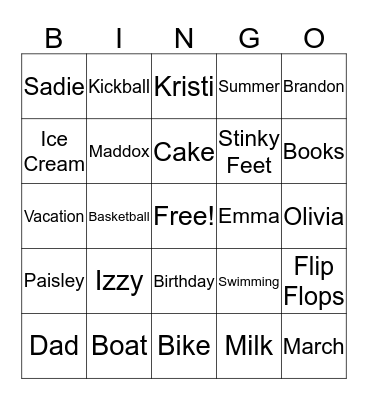 Grayson's Birthday Bingo Card