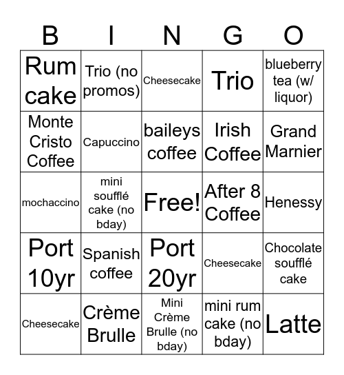 Dessert & Coffee Bingo Card