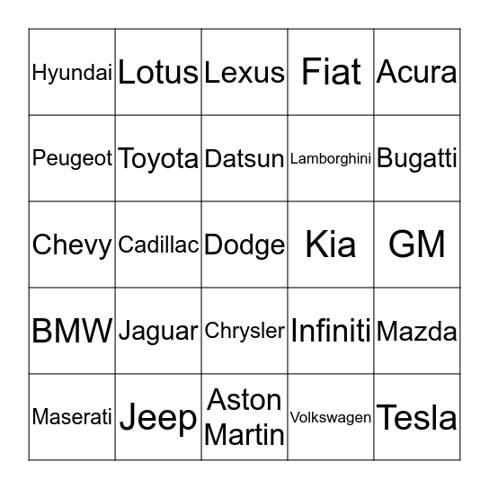Car Brands Bingo Card