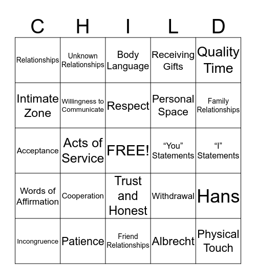 Relationship Bingo Card