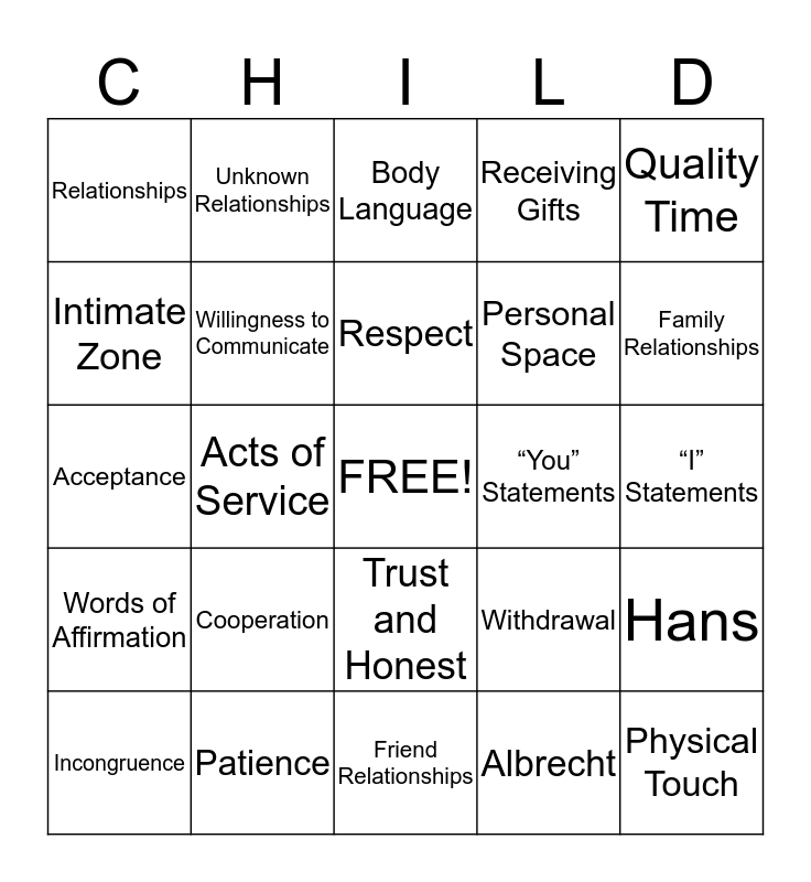 Relationship Bingo Card