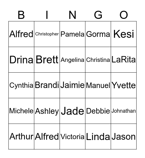 2018 Family Names Bingo Card