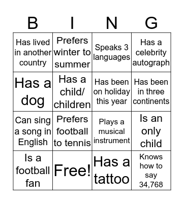 Getting to know you! Bingo Card