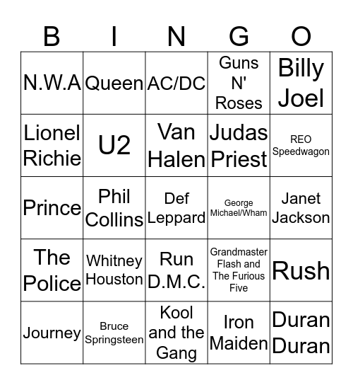 Musicians and Bands - 80's Bingo Card