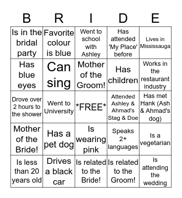 Ashley's Bridal Shower Bingo Card