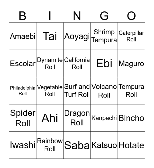 Types of Sushi Rolls and Sashimi Bingo Card