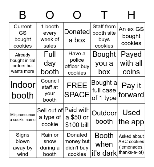 Cookie Booth Bingo Card