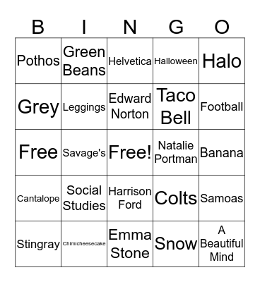 Favorites Bingo Card