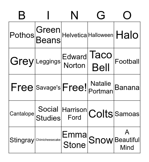 Favorites Bingo Card