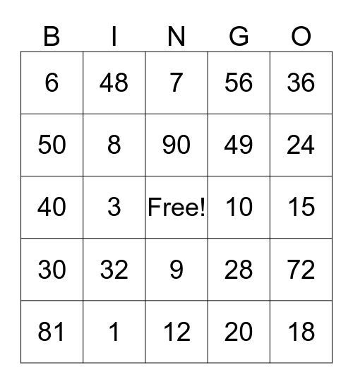 Herhaling tafels! Bingo Card