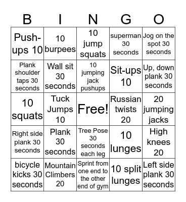 Fitness Bingo Card