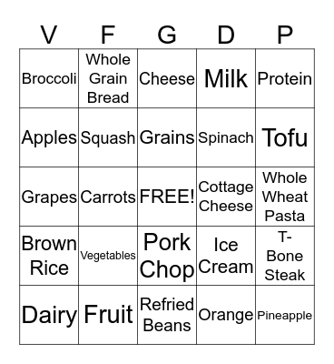 MyPlate Bingo!! Bingo Card