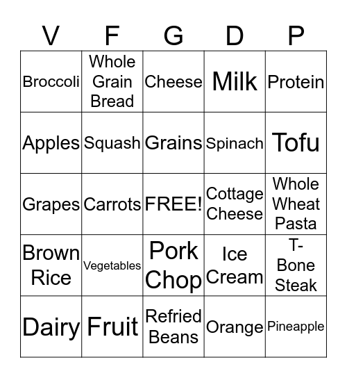 MyPlate Bingo!! Bingo Card