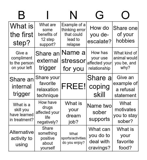 Relapse Prevention BINGO! Bingo Card