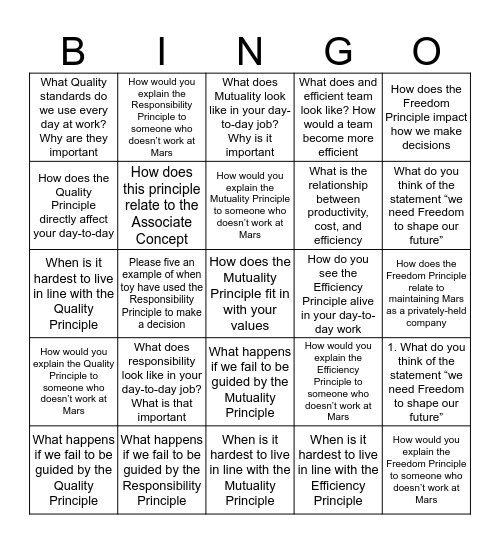 5 Principles Bingo Card