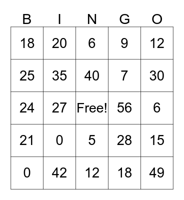 Multiplication BINGO Card