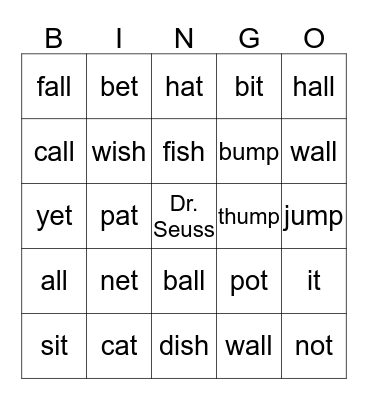 Words from CAT IN THE HAT Bingo Card