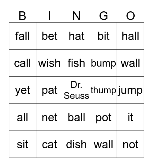 Words from CAT IN THE HAT Bingo Card