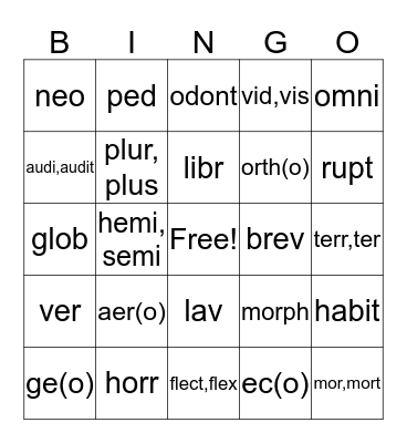 Greek/Latin Word Parts Bingo Card