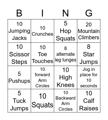 Fitness Bingo Card