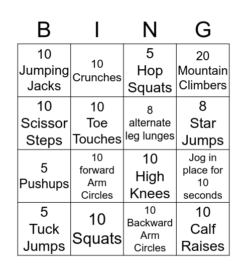 Fitness Bingo Card