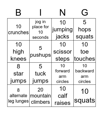 Fitness Bingo Card